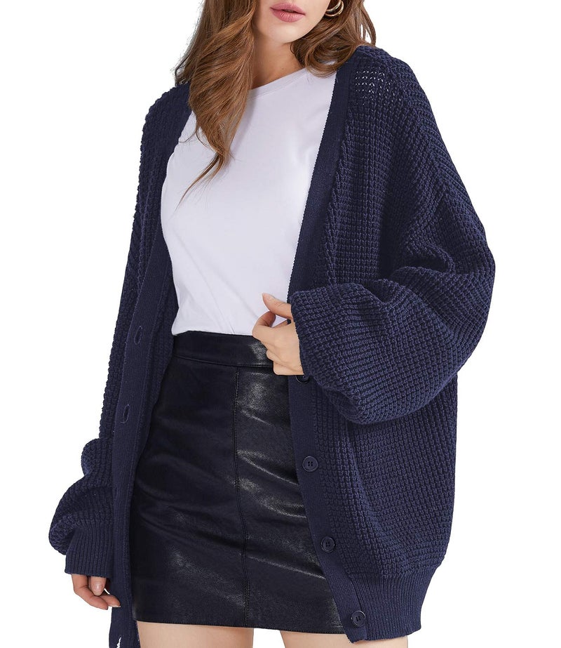 QUALFORT Oversized Navy Blue Cardigans Sweaters for Women Plus Size for Juniors Fall Sweaters for Women 2026 Navy XXX-Large - Image 1